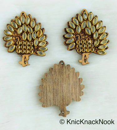 Peacock Shaped Wood Buttons With Clear Kundan Beads, Decorative Buttons, Carved Buttons